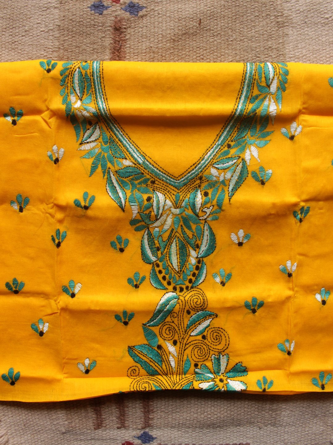 green-and-white-kanthawork-yellow-cotton-kurta-fabric.jpg Green white Kanthawork on Yellow Cotton Fabric - Image 1