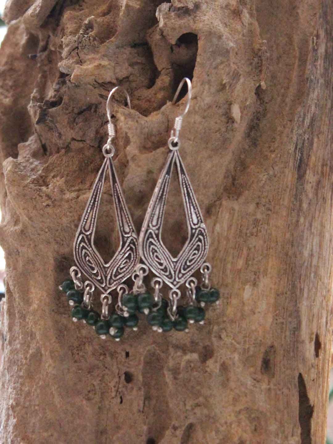 green-jade-beads-oxidized-real-silver-earrings.jpg Silver Kite- Handmade, Real Silver Earrings - Image 1
