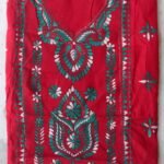 Green Kanthawork on Dark-Red Cotton kurta Fabric