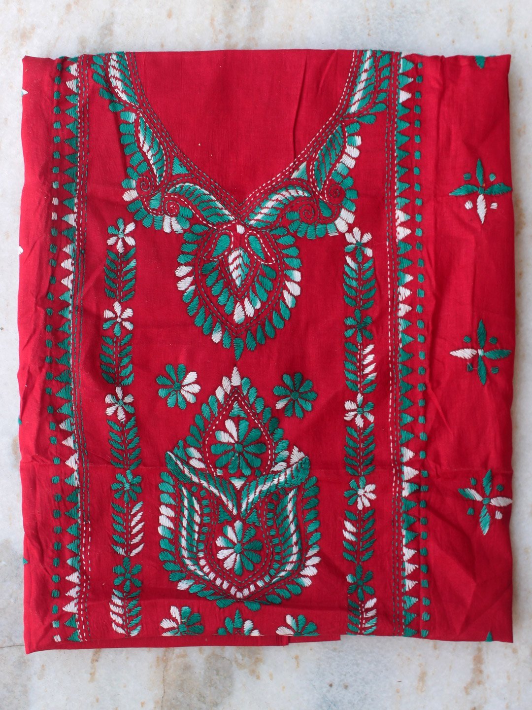 green-kanthawork-on-Dark-red-cotton-kurta-fabric.jpg Green Kanthawork on Dark-Red Cotton kurta Fabric - Image 1