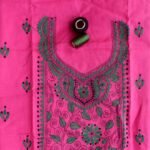 Green and Pink Kanthawork cotton kurta fabric