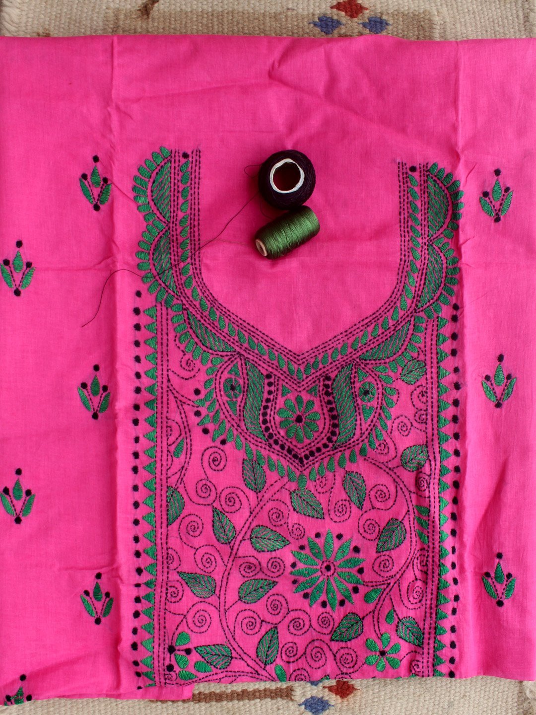green-kanthawork-on-pink-cotton-kurta-fabric-.jpg Green and Pink Kanthawork cotton kurta fabric - Image 1