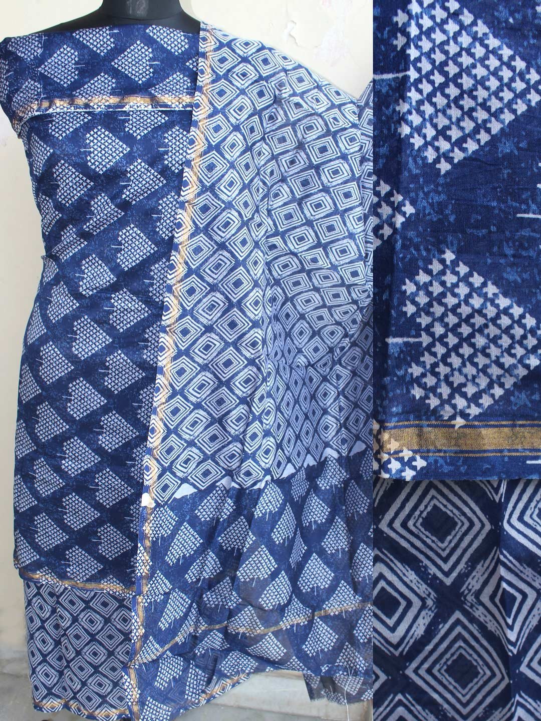 indigo-and-white-chanderi-block-printed-indigo-dress-material.jpg Indigo and white Chanderi 3pc ladies suit - Image 1