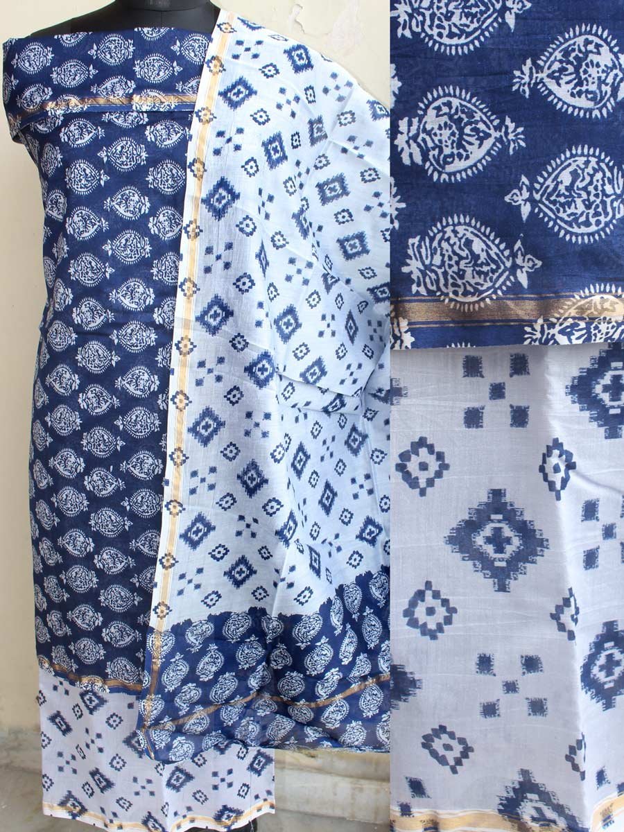 indigo-and-white-hand-block-print-silk-cotton-dress-material.jpg Indigo and white Silk-cotton 3 pc Ladies suit - Image 1