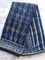 Indigo and White Block-Printed Silk-cotton Sari