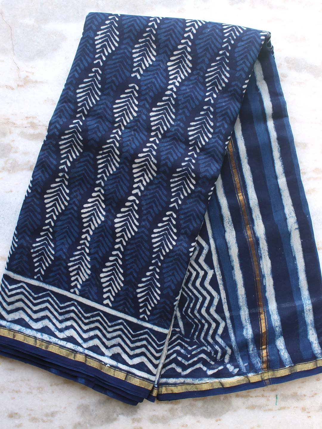 indigo-and-white-silk-cotton-chanderi-saree-Shilphaat.jpg Indigo and White Block-Printed Silk-cotton Sari - Image 1