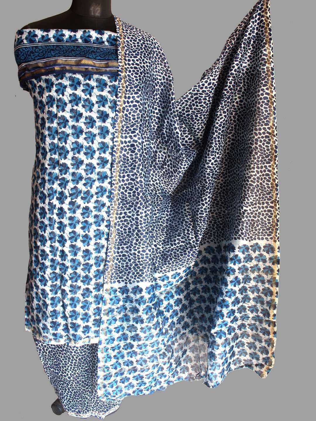 indigo-block-printed-dress-material.jpg Block printed Indigo 3pc Chanderi Ladies suit - Image 1
