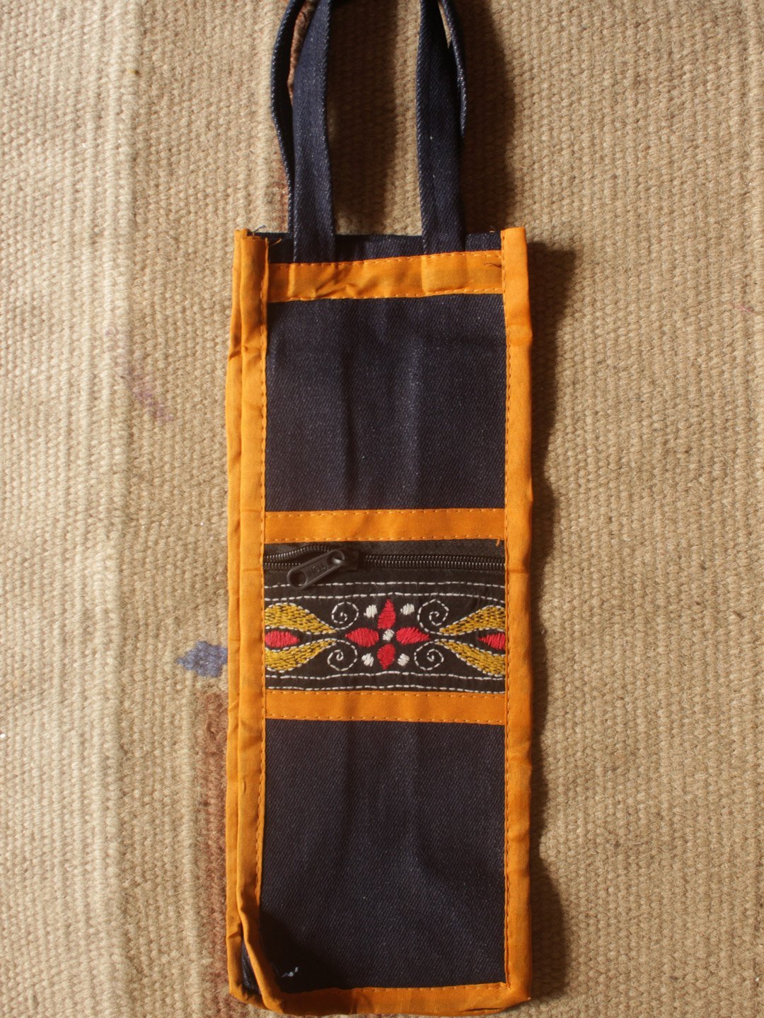 kanthawork-denim-bottle-bag.jpg Kantha Embroidered Denim Bottle Bag - Image 1