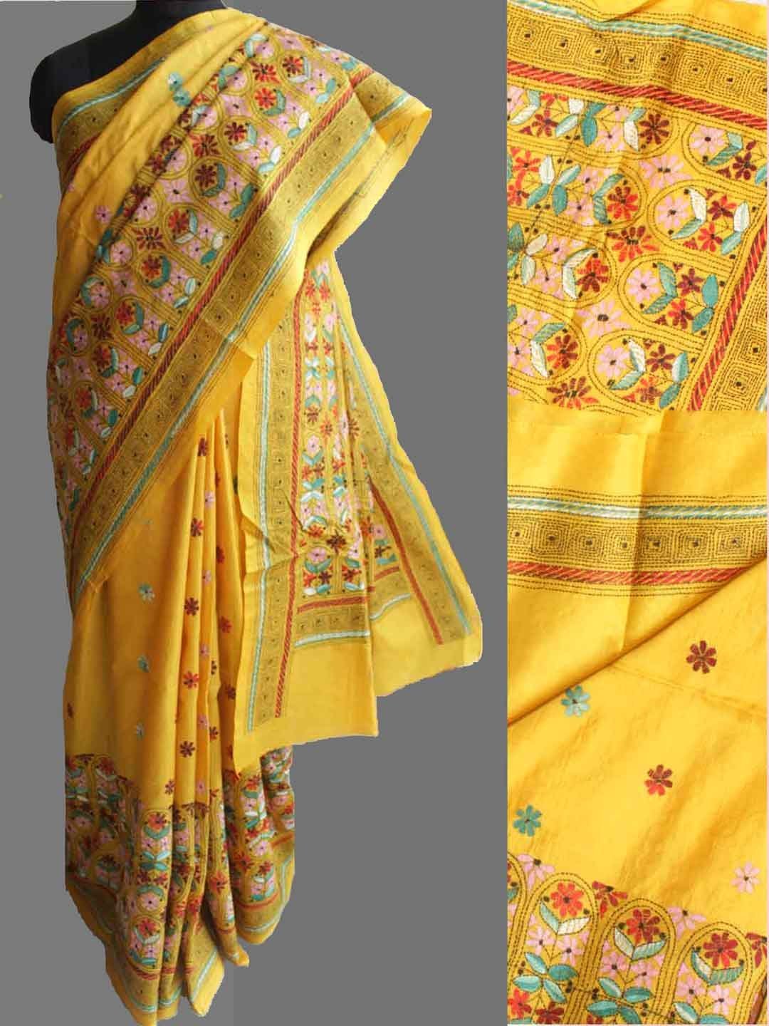 kanthawork-handembroidered-yellow-silk-saree.jpg KanthaWork Handembroidered Yellow Silk Sari - Image 1