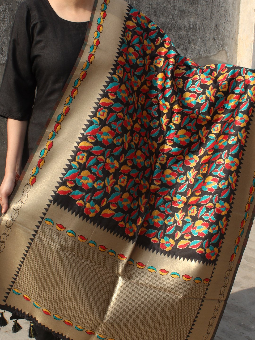 kimkwab-banarasi-black-dupatta.jpg Kimkhwab Banarasi Black art-silk Dupatta - Image 1