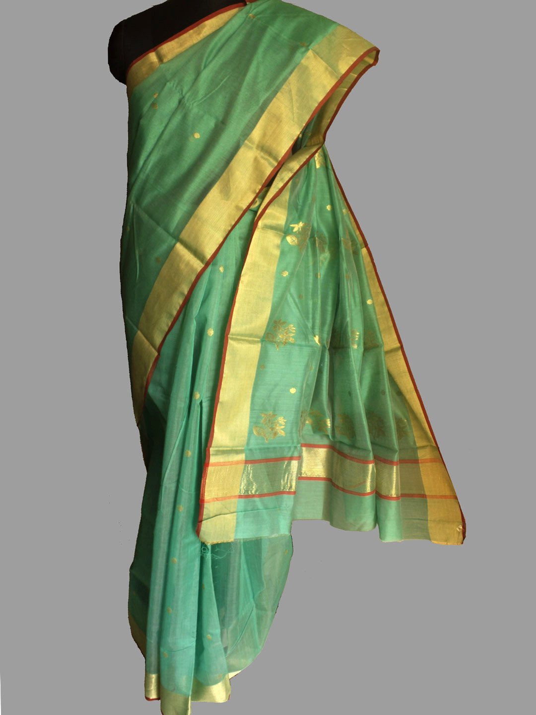 light-green-chanderi-silk-cotton-sari-.jpg Chanderi Sea-Green Handloom Zari Buti Sari - Image 1