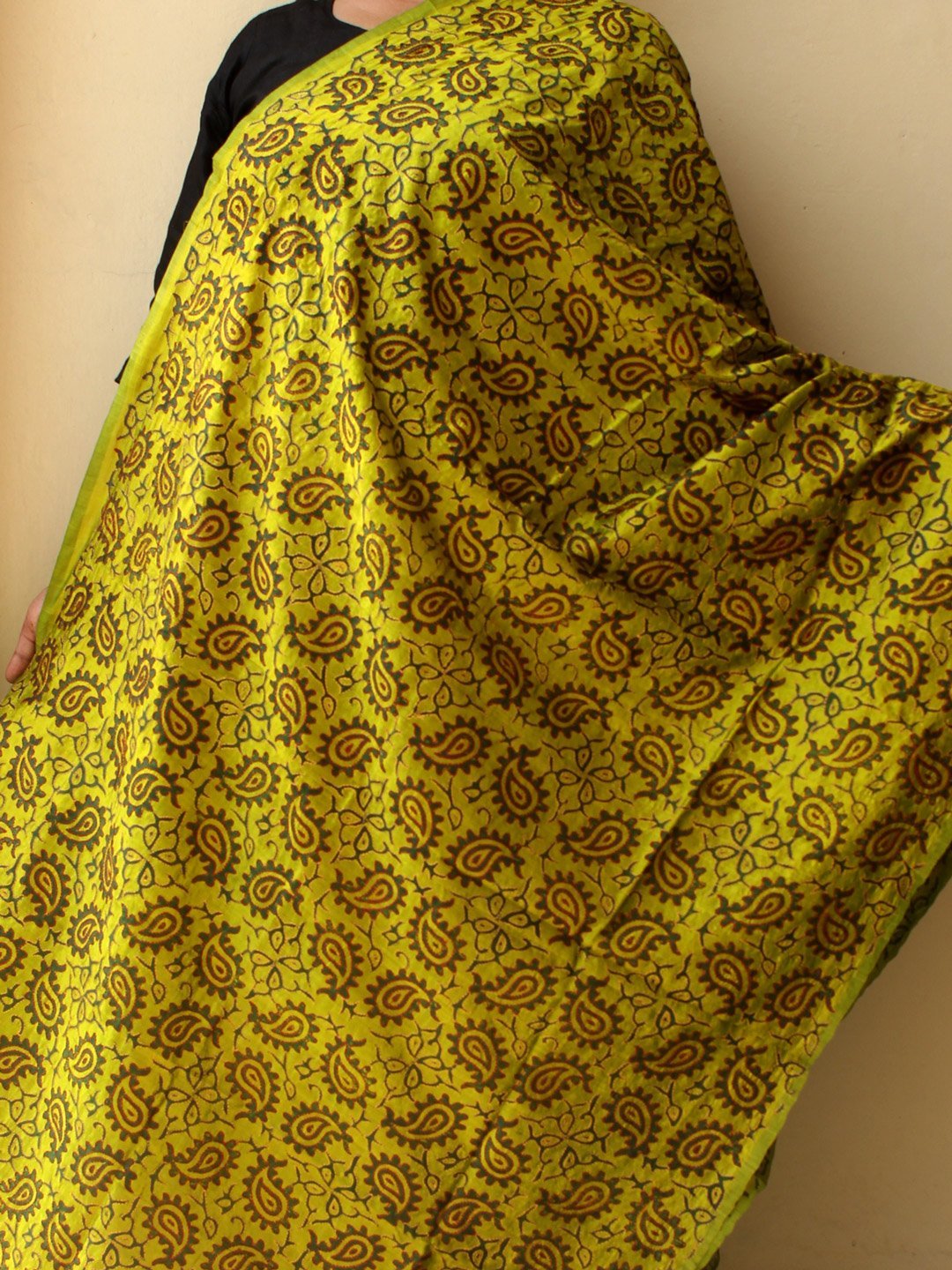 lime-green-and-dark-green-block-print-kanthawork-silk-dupatta.jpg Green Block-printed Kantha Embroidered Silk Dupatta - Image 1