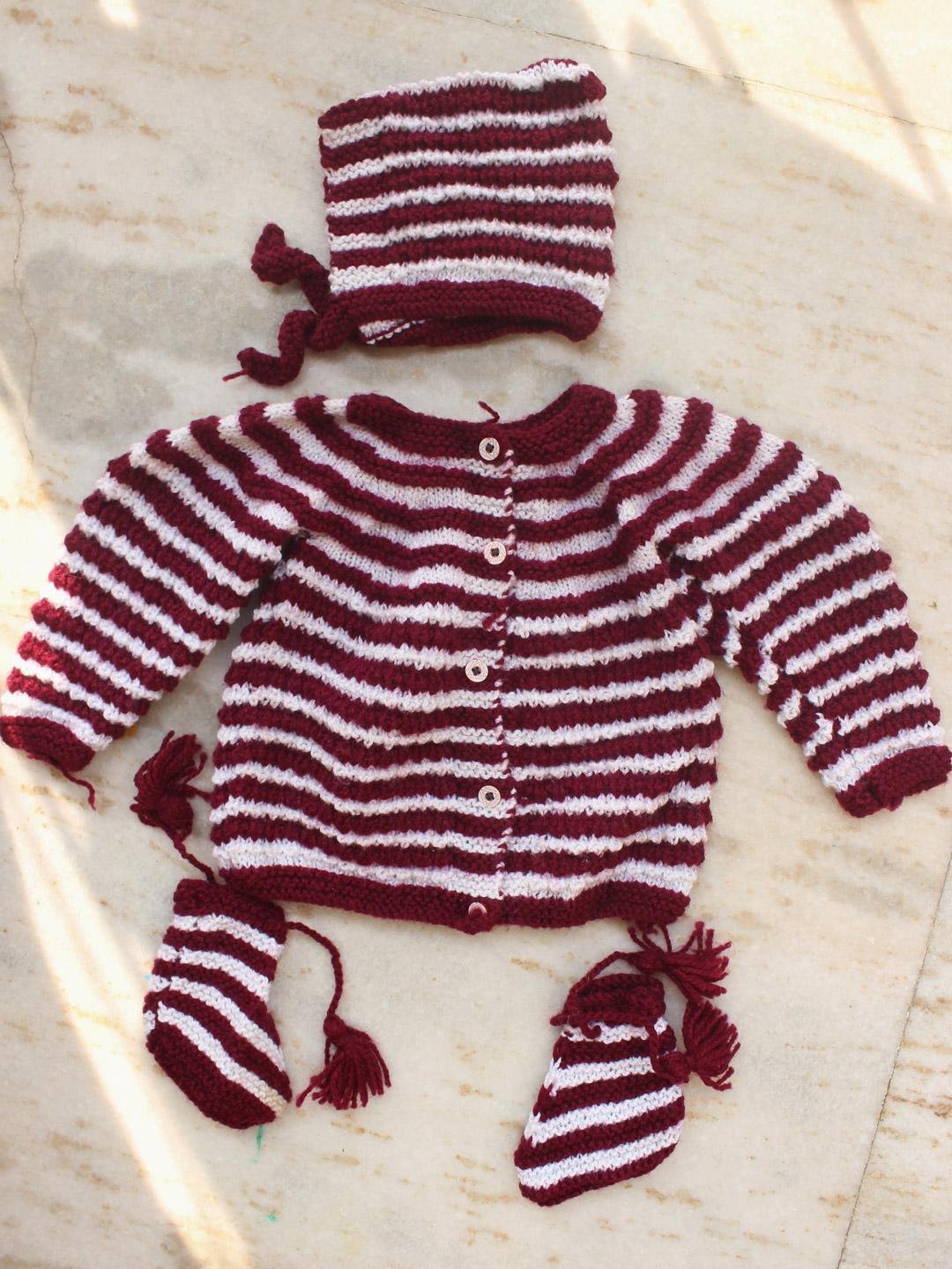 maroon-and-white-woolen-cardigan-set.jpg White and red Handknit Woolen Cardigan Set for kids - Image 1