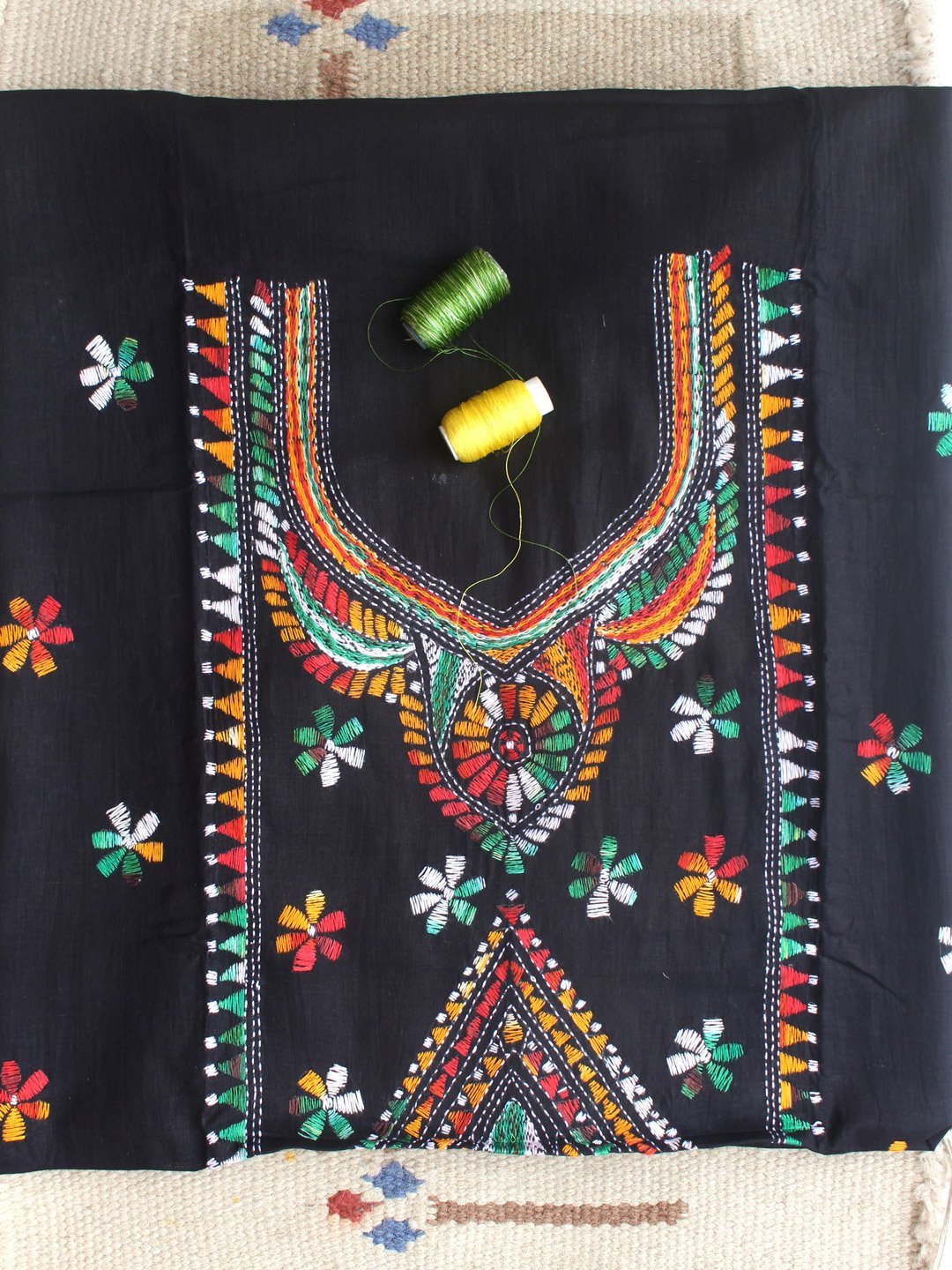 multicolour-kanthawork-on-black-cotton-kurta-fabric.jpg Multicolour Kanthawork on Black cotton fabric - Image 1