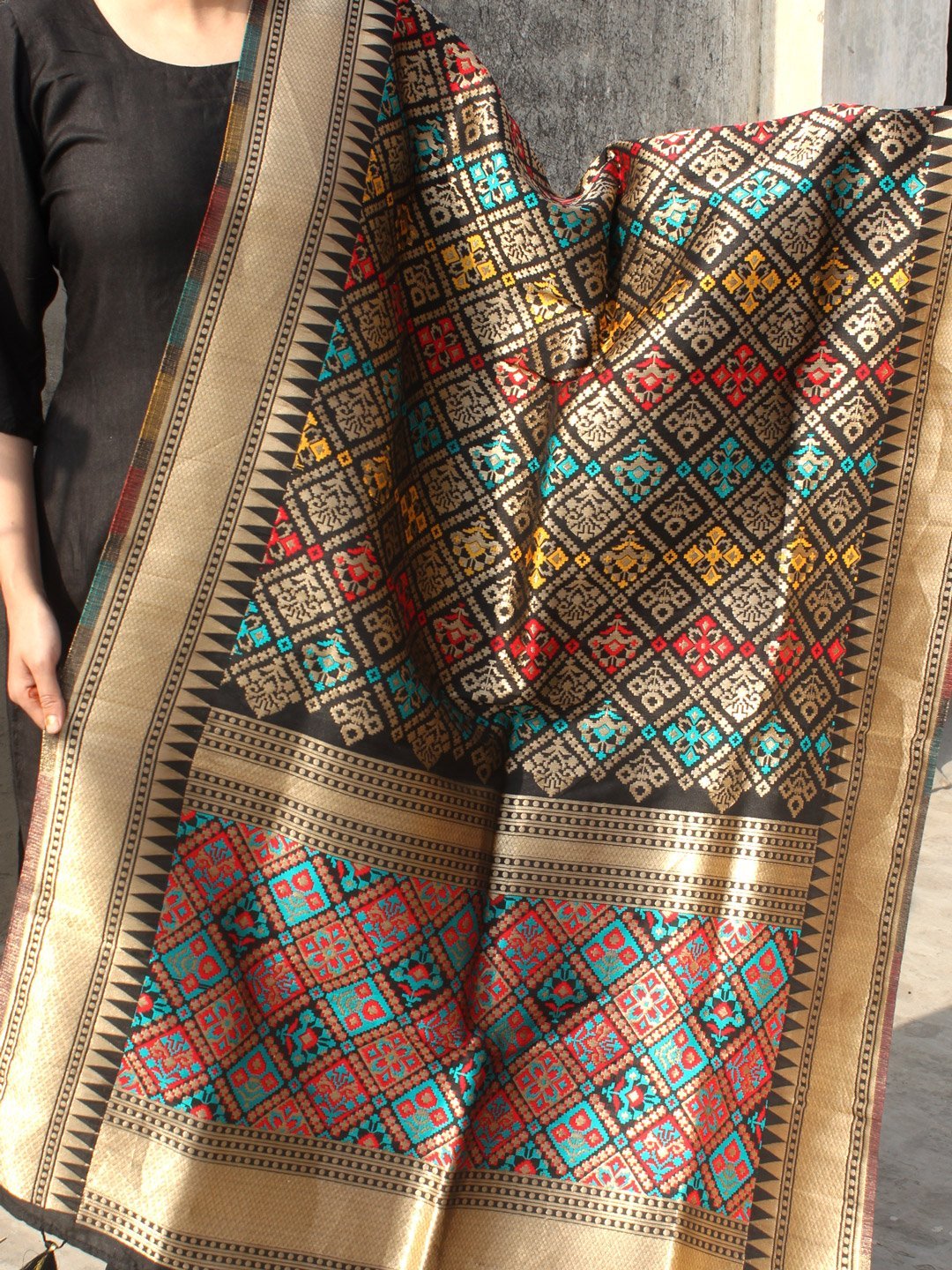 multicolour-meena-banarasi-on-black-art-silk-dupatta.jpg Multicolour Meenakari Banarasi on Black art-silk Dupatta - Image 1