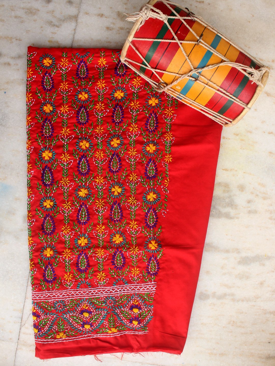 multicolour-phulkari-on-red-salwar-fabric.jpg Multicolour Phulkari on Red Salwar Fabric - Image 1