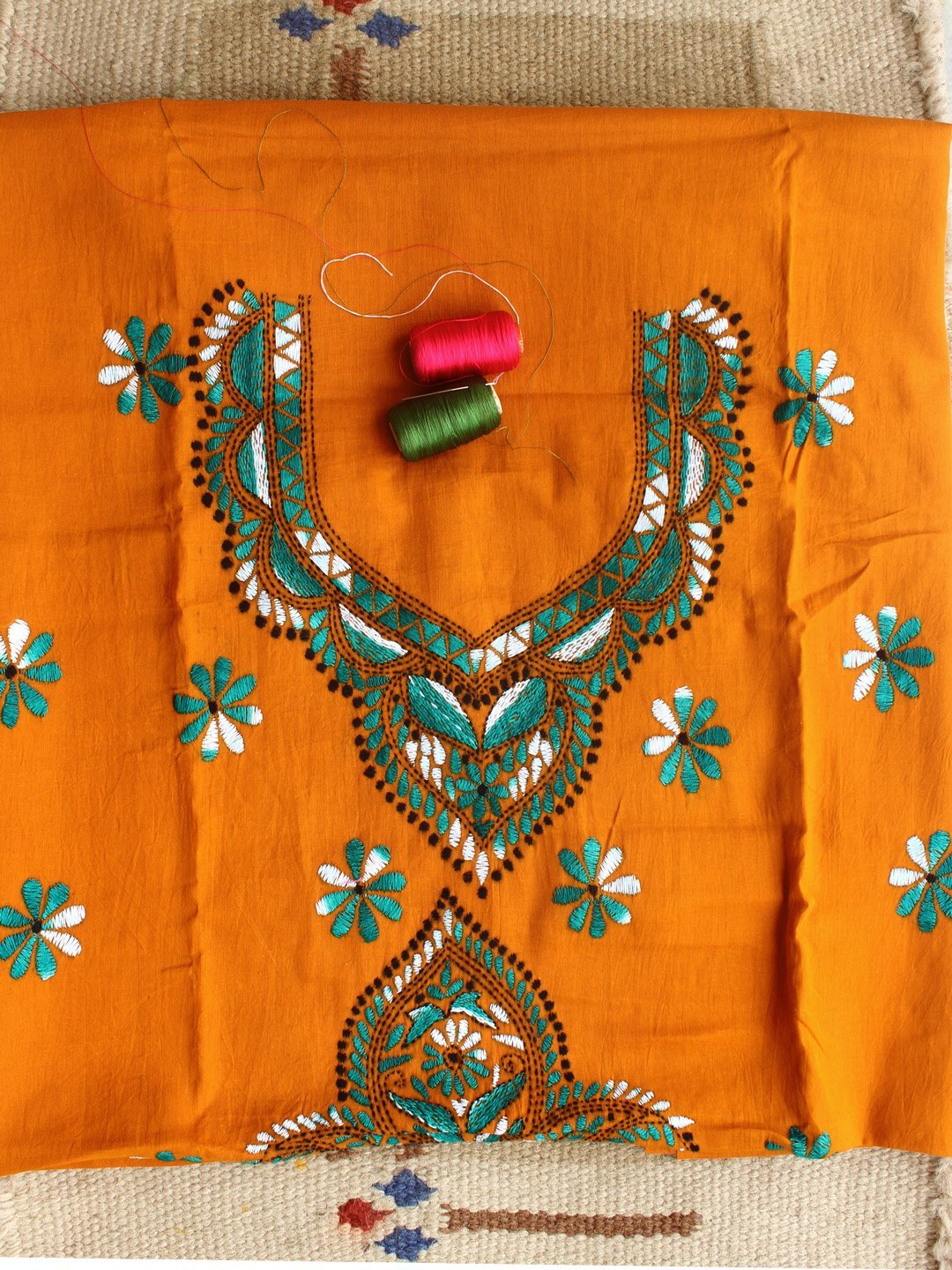 mustard-yellow-kanthawork-cotton-kurta-fabric-.jpg Amber-Yellow Kanthawork Cotton kurta Fabric - Image 1