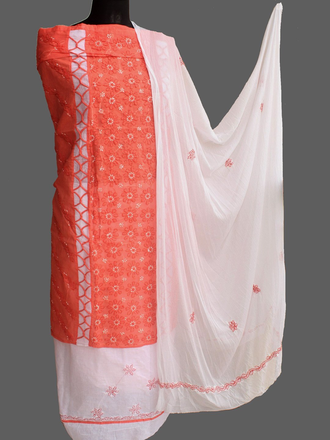 orange-and-white-chikankari-cotton-dress-material.jpg Orange and White cotton Chikankari 3pc Ladies Suit - Image 1