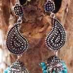 Torquoise and real silver Paisley Jhumka Earrings
