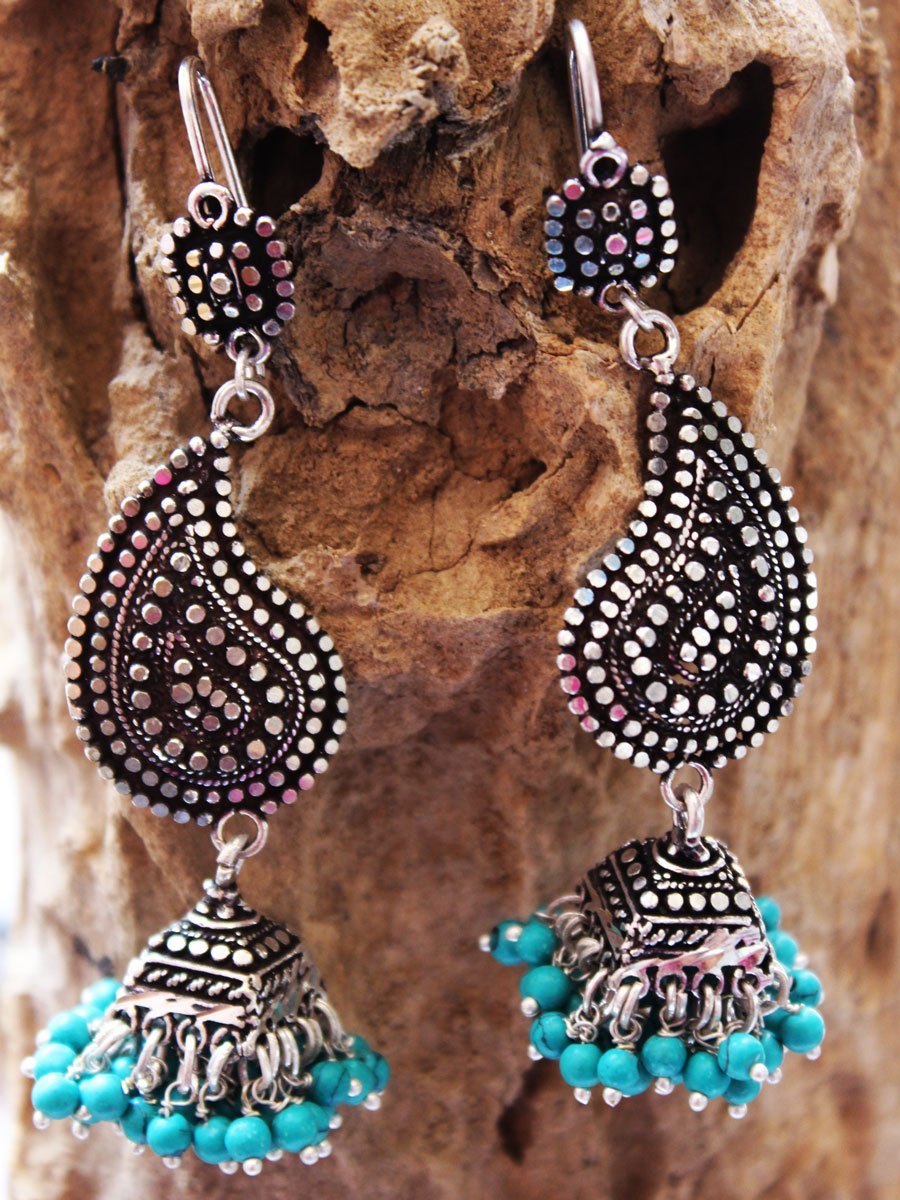 paisley-and-torquise-pure-silver-jhumki.jpg Torquoise and real silver Paisley Jhumka Earrings - Image 1