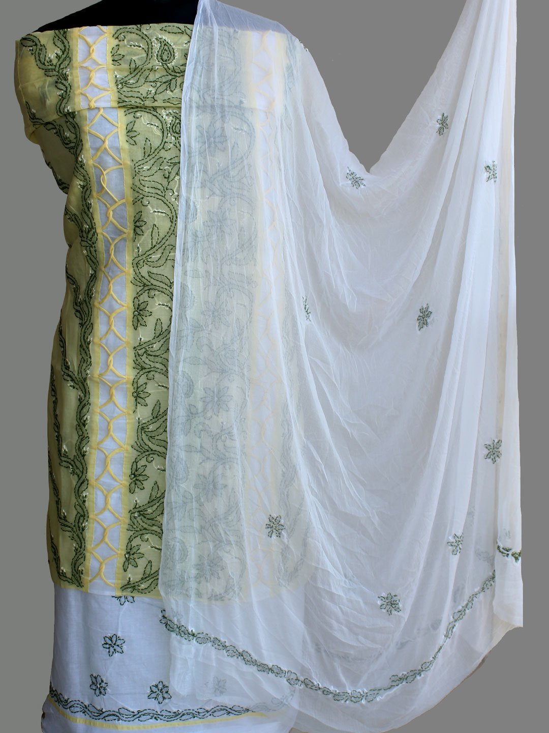 pale-yellow-and-white-chikankari-cotton-dress-material.jpg Light-yellow, white chikankari cotton Ladies suit - Image 1