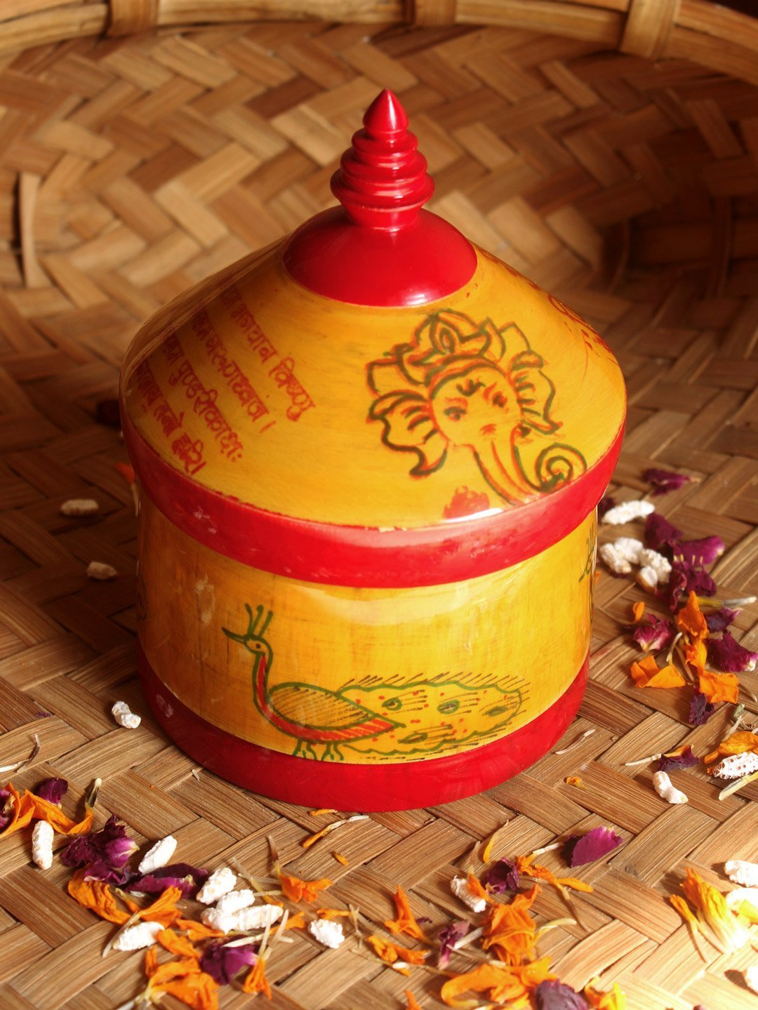 peacock-ganesha-shlok-sindur-box.jpg Peacock, Vishnu Shlok on yellow Sindur-Dani - Image 1