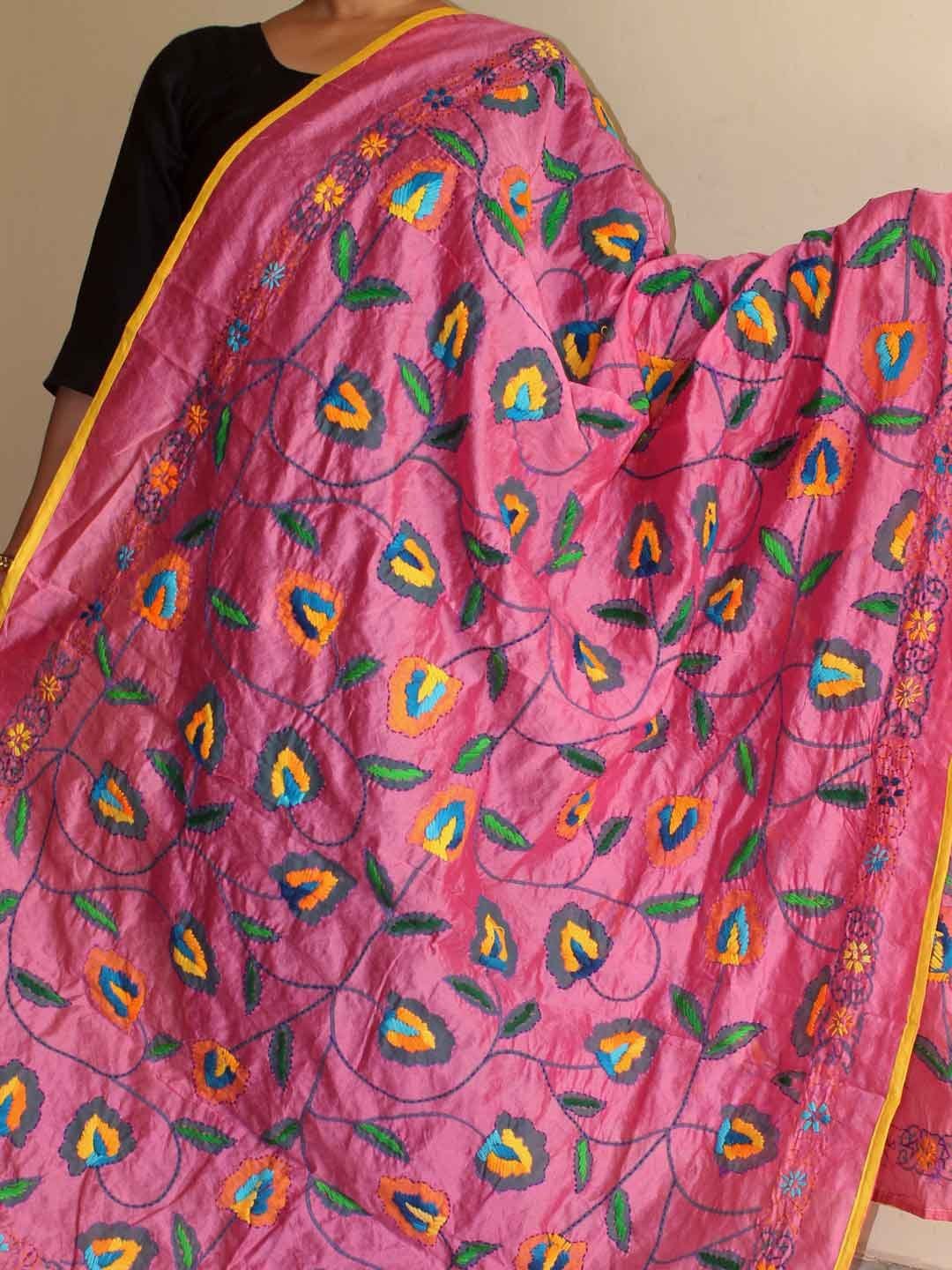 pink-block-print-chanderi-embroidered-dupatta.jpg Pink Block-printed Chanderi Embroidered Dupatta - Image 1