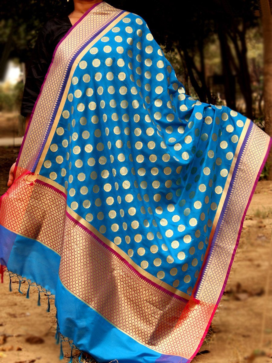 pink-border-blue-asharfi-motif-banarasi-dupatta.jpg Loom woven Asharfi motif Blue Banarasi Dupatta - Image 1