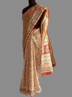 Red and Black Block printed Beige Chanderi Sari - Image 2