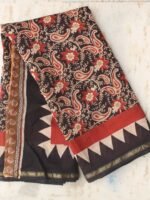 Red and Black Bagru Block-printed Silk-cotton Sari