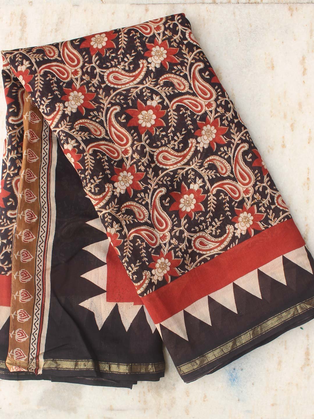 red-and-black-blockprinted-silkcotton-sari.-Shilphaat.jpg Red and Black Bagru Block-printed Silk-cotton Sari - Image 1