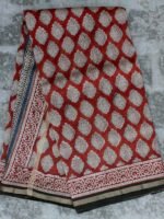 Red and ivory Bagru-printed chanderi sari