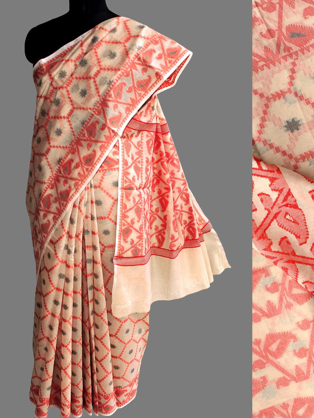 red-and-white-banasari-sari.jpg Red and Off-white polycotton Banarasi Sari - Image 1