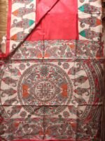 Red and white Muga-Tussar Silk Sari - Image 3