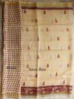 Ecru and Geru-Red Zariwork Madhubani Linen Sari - Image 3