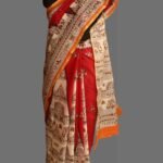 Warli art on Red Bhagalpuri Semi-Silk Sari