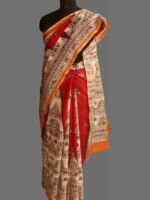 Warli art on Red Bhagalpuri Semi-Silk Sari