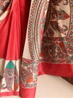 Red and white Muga-Tussar Silk Sari - Image 2