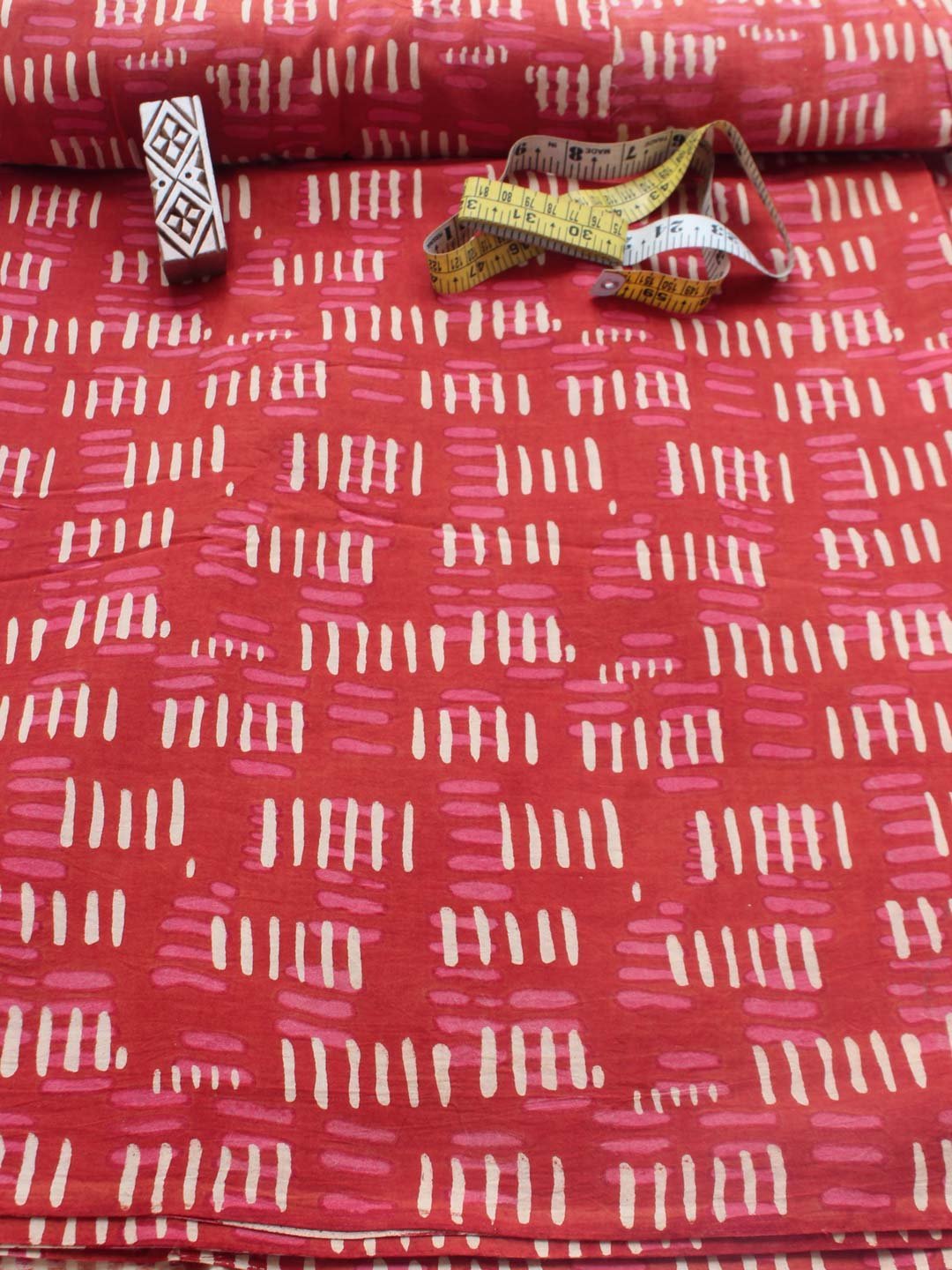 red-bagru-block-printed-cotton-kurta-shirt-fabric.jpg Saffron-red Block-Printed pure cotton Fabric - Image 1