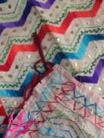 Red Blue Purple Zig Zag fulkari on White Dupatta - Image 2