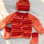 Red and Peach Handknit Woolen Cardigan Set for kids