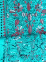 Red, white kanthawork on Green Cotton Fabric - Image 2