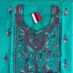 Red, white kanthawork on Green Cotton Fabric