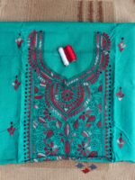 Red, white kanthawork on Green Cotton Fabric