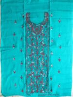 Red, white kanthawork on Green Cotton Fabric - Image 3