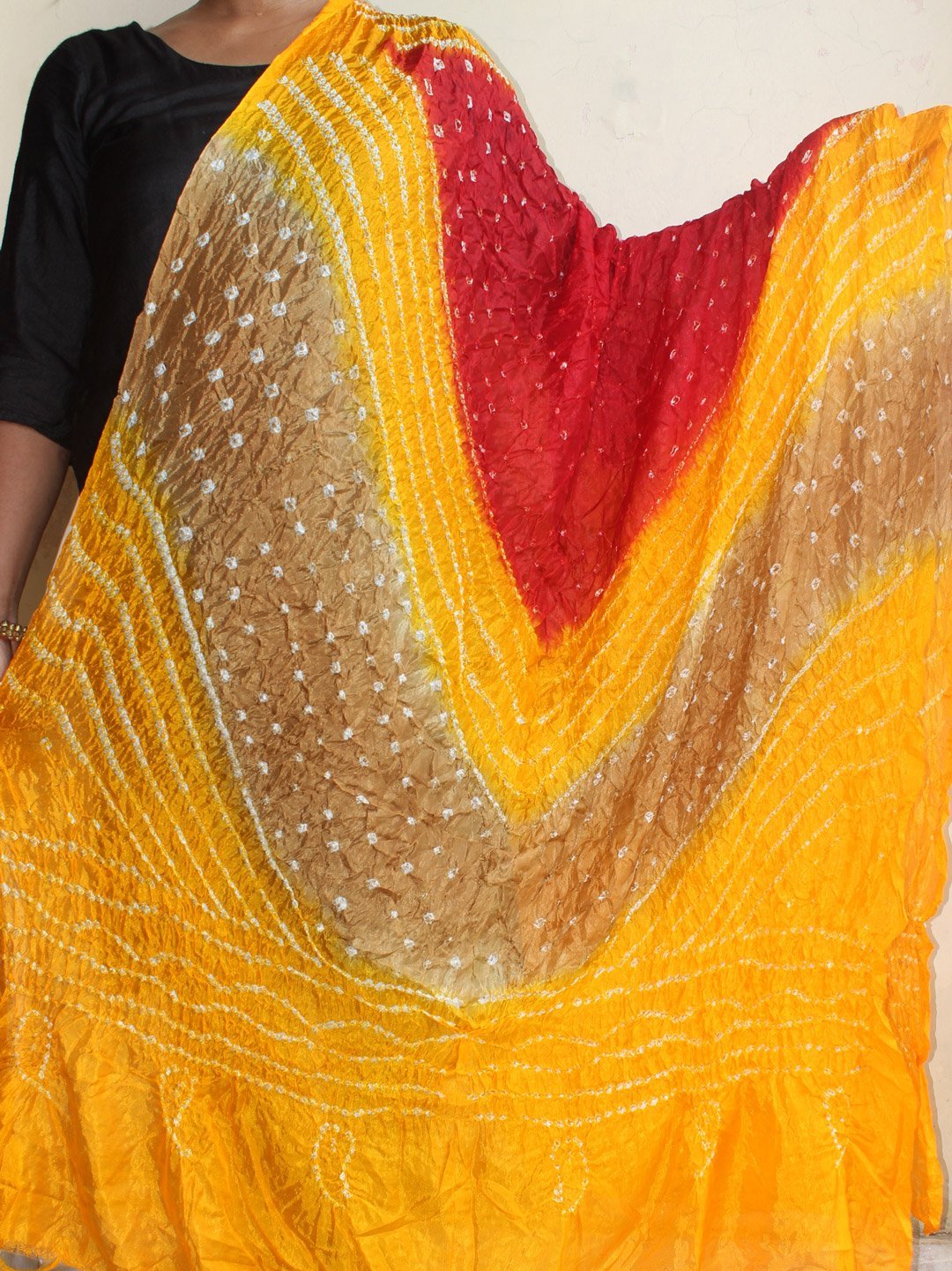 red-yellow-and-golden-tie-and-dye-dupatta.jpg Red, yellow and Golden polysilk Bandhani dupatta - Image 1