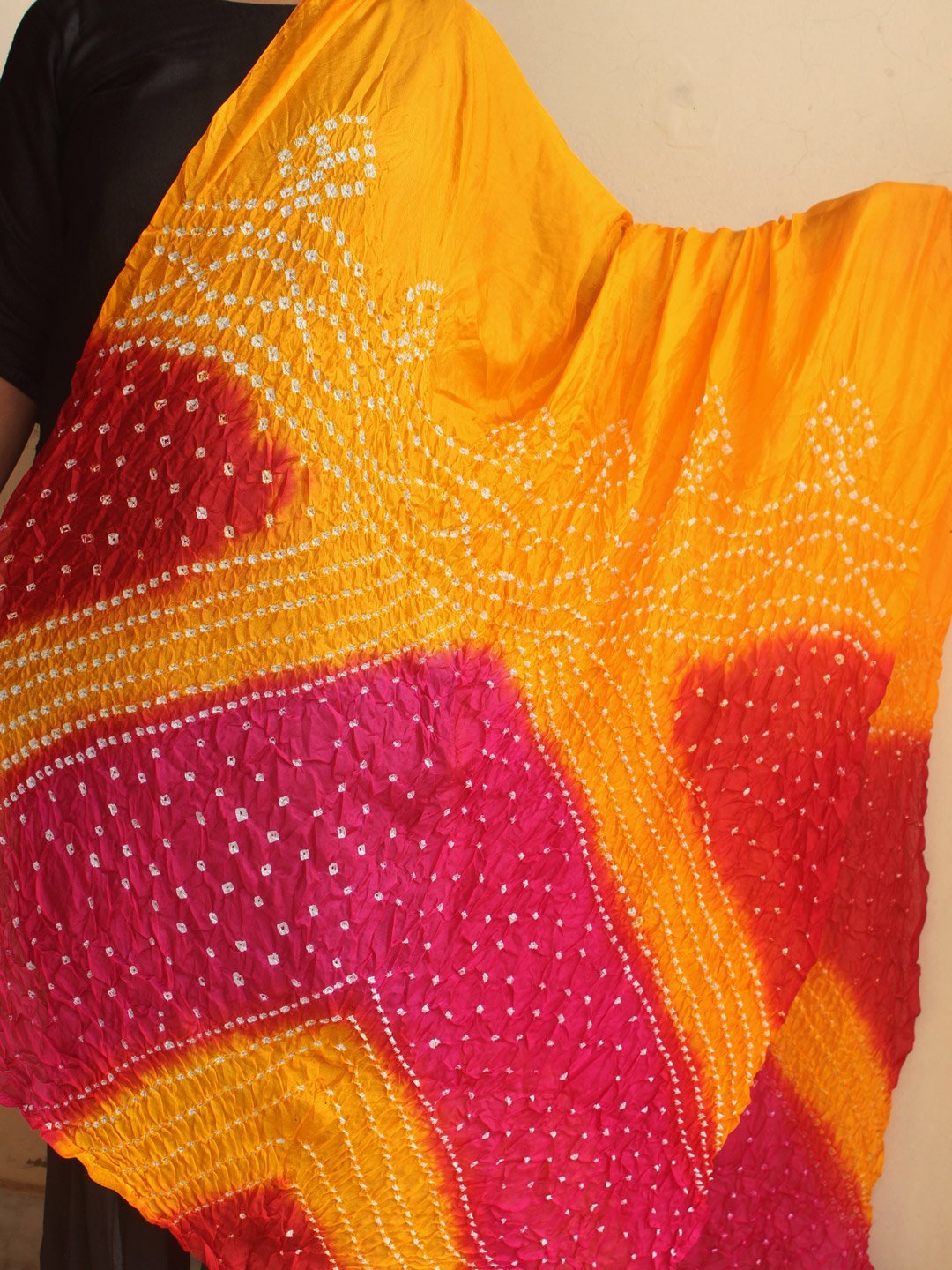 red-yellow-magenta-polysilk-bandhani-dupatta.jpg Red, Yellow, Magenta polysilk Bandhani Dupatta - Image 1