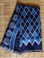 Rhomboid Block-Printed Indigo Chanderi Sari