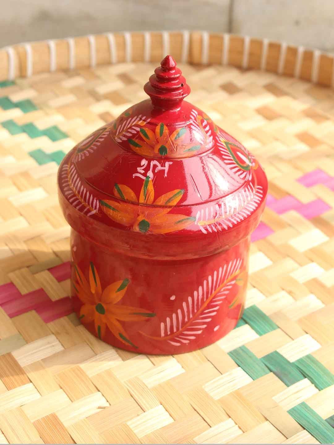 small-medium-red-wooden-sindur-box.jpg Handcrafted Medium Wooden Kumkum Box - Image 1
