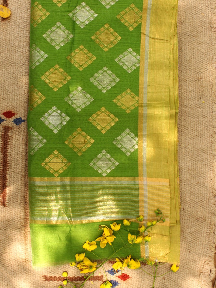 square-zari-mehndi-green-chanderi-handloom-saree.jpg Golden, Silver Zariwork Pear Green Chanderi Sari - Image 1